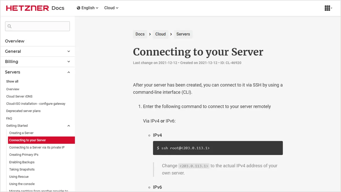 Hetzner connect to server documentation