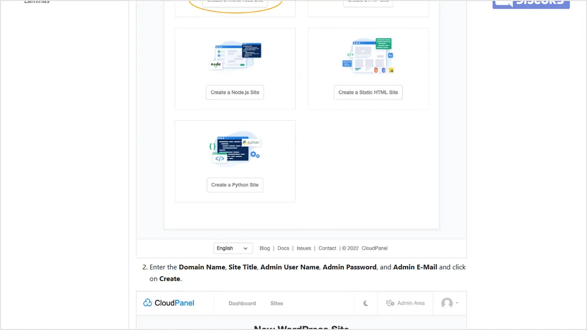 CloudPanel WordPress creation form documentation