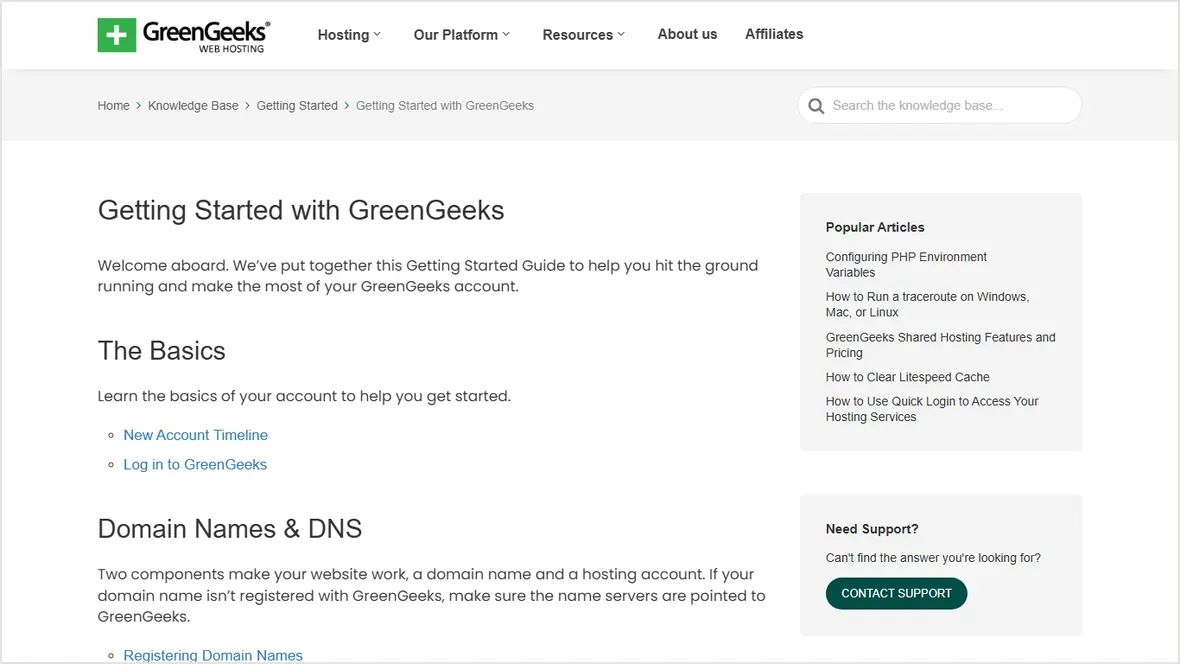 GreenGeeks getting started support page
